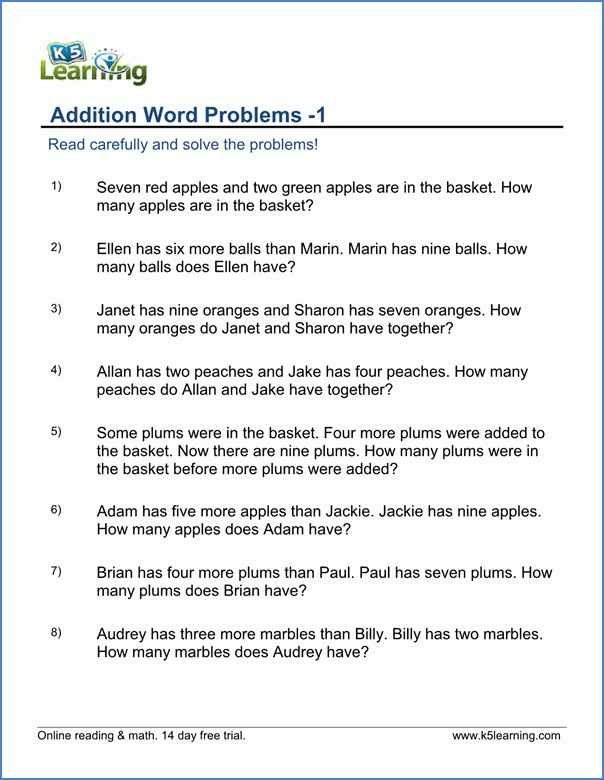 1st Grade Word Problem Worksheets Free And Printable Addition Word 