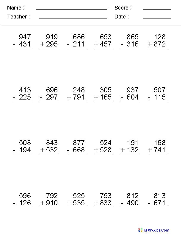 2 3 Or 4 Digits Mixed Operator Worksheets Subtraction Worksheets 