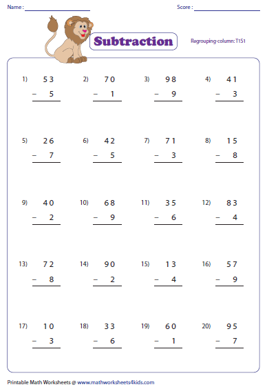 2 digit Minus Single digit Subtraction Worksheets