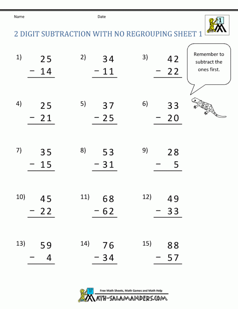 2 Digit Subtraction With No Regrouping Sheet 1 Subtraction Worksheets