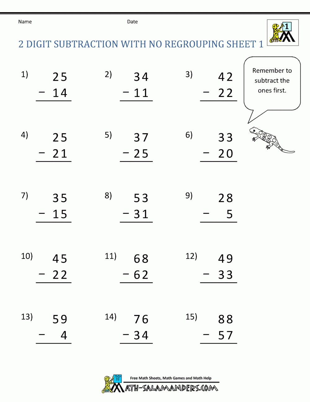 2 Digit Subtraction With No Regrouping Sheet 1 Subtraction Worksheets 