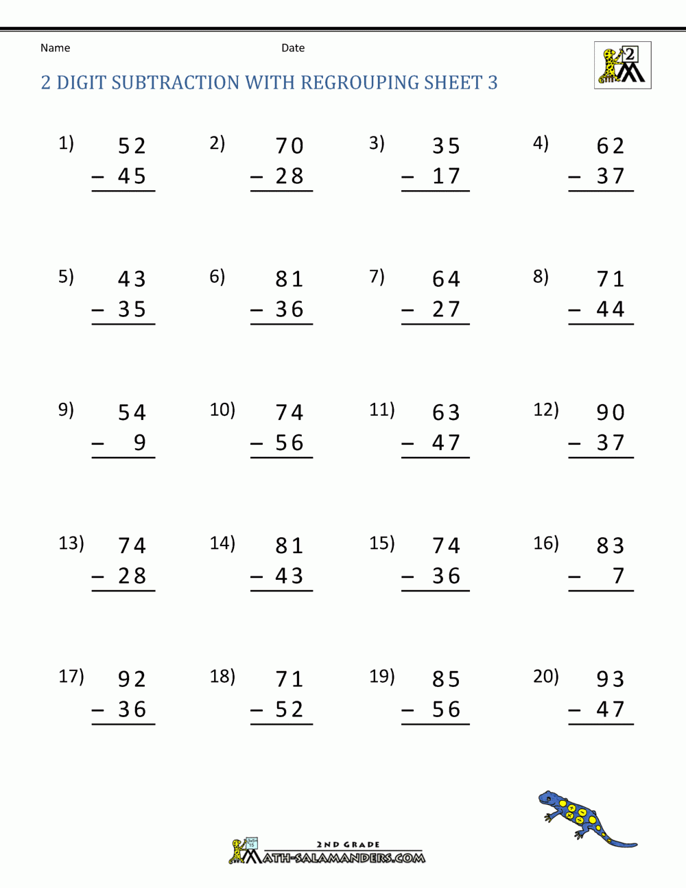 2 Digit Subtraction With Regrouping Worksheets