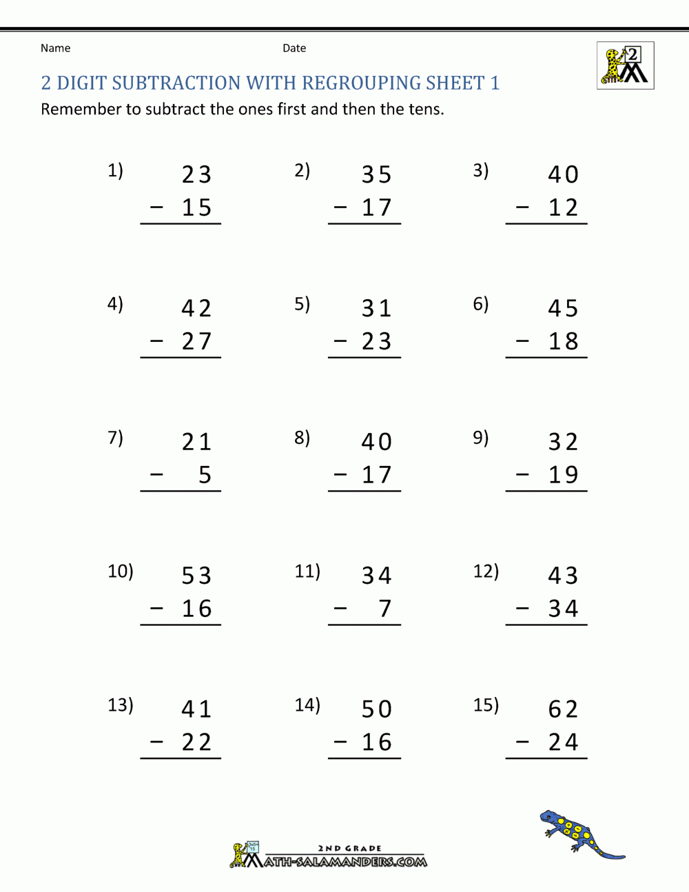 2 Digit Subtraction With Regrouping Worksheets