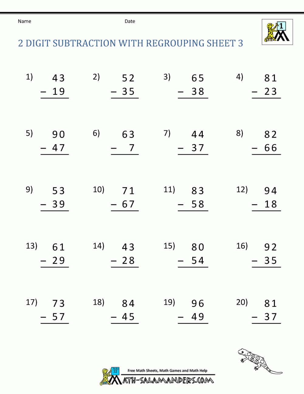 2 Digit Subtraction With Regrouping Worksheets Double Digit Adding 