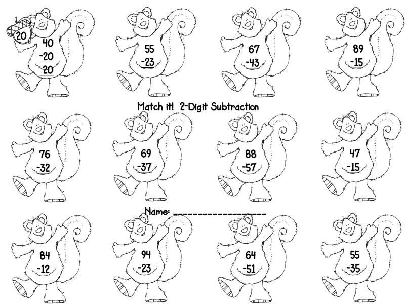 2 Digit Subtraction Without Regrouping MATCH IT pdf Math Worksheets 