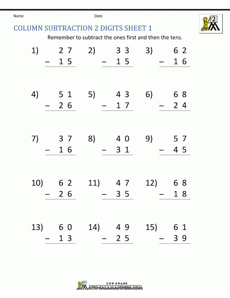 2 Digit Subtraction Worksheets