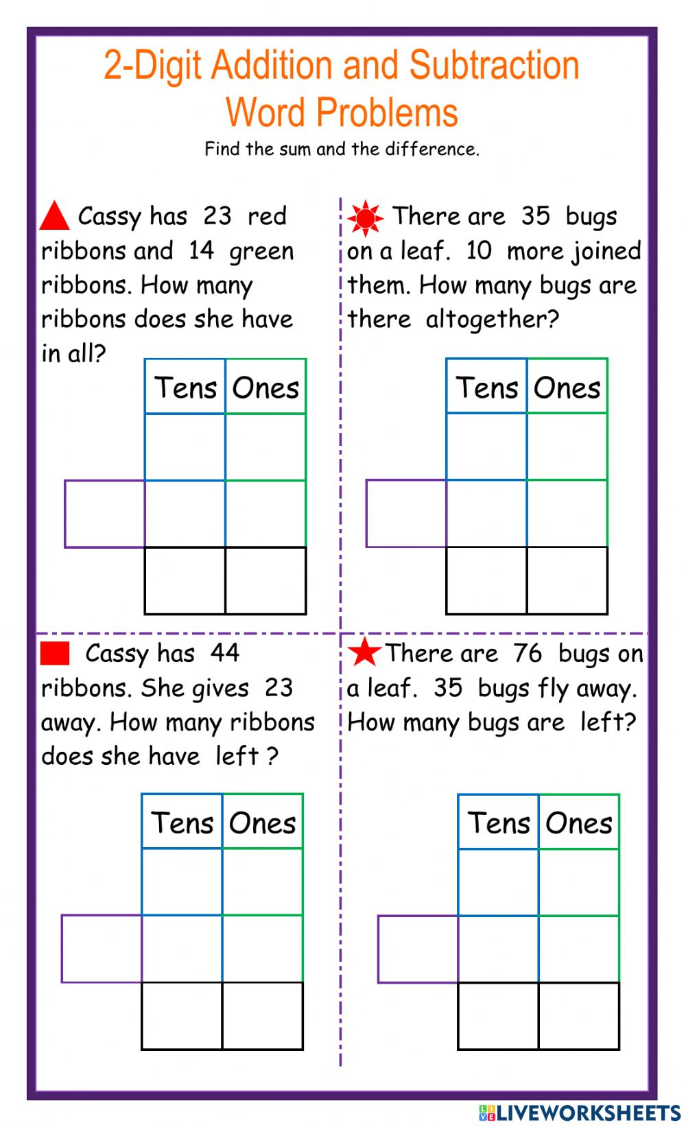 2 Digits Addition And Subtraction Word Problems Worksheet