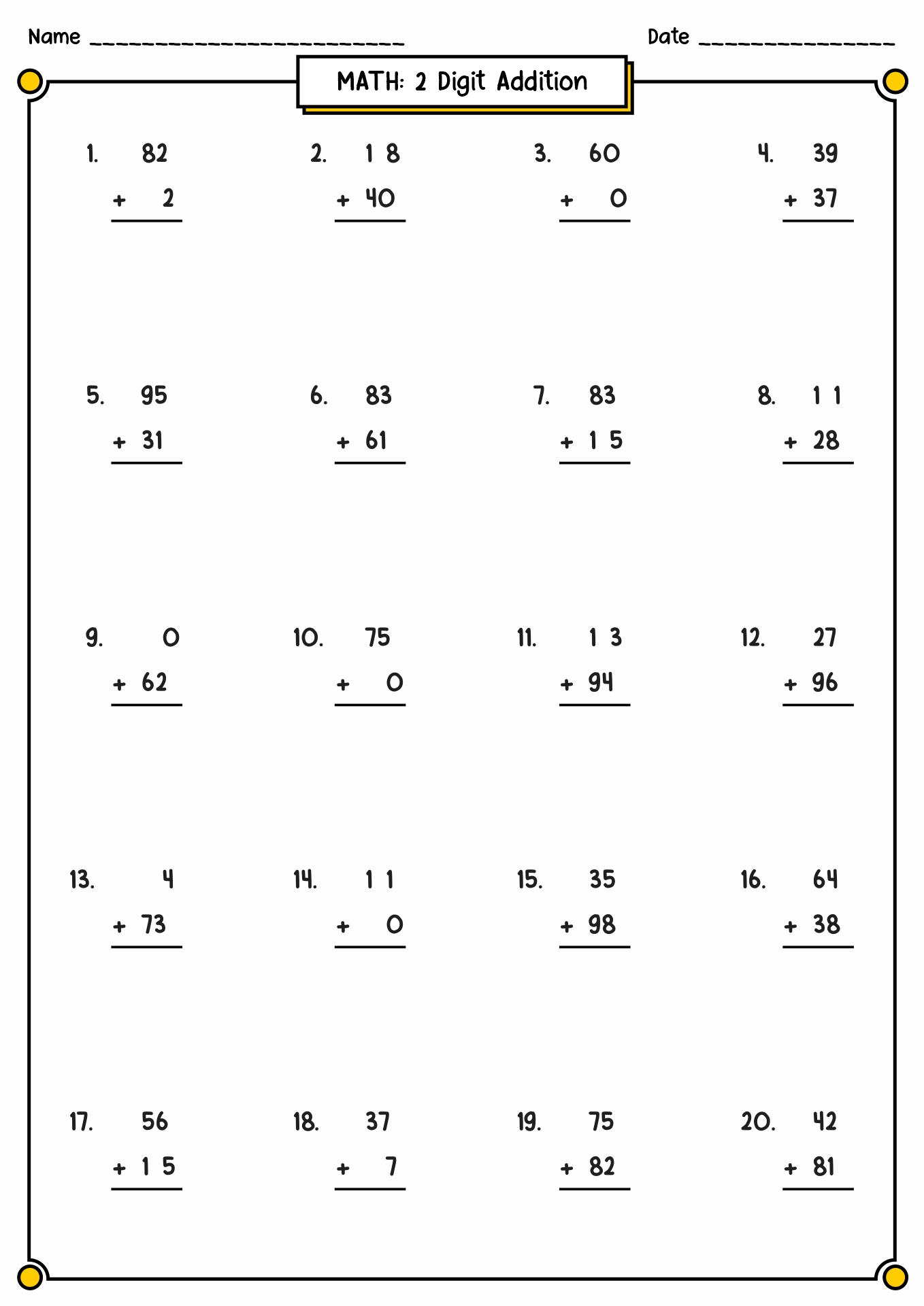 20 Two Digit Addition Worksheets Worksheets Decoomo