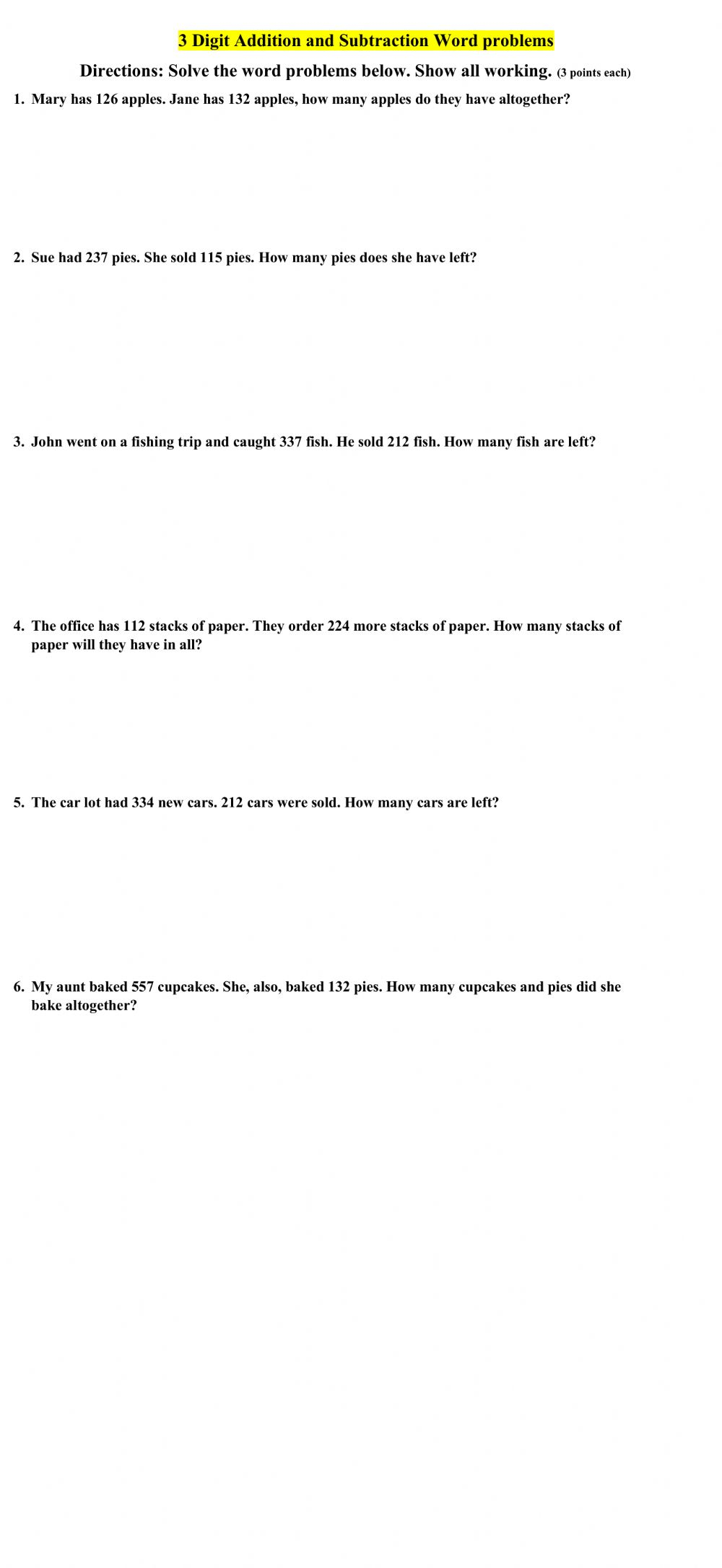 3 digit Addition Subtraction Word Problems Worksheet