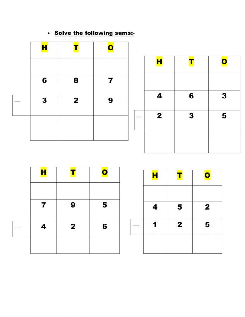 3 Digit Subtraction Sums With Borrowing Worksheet