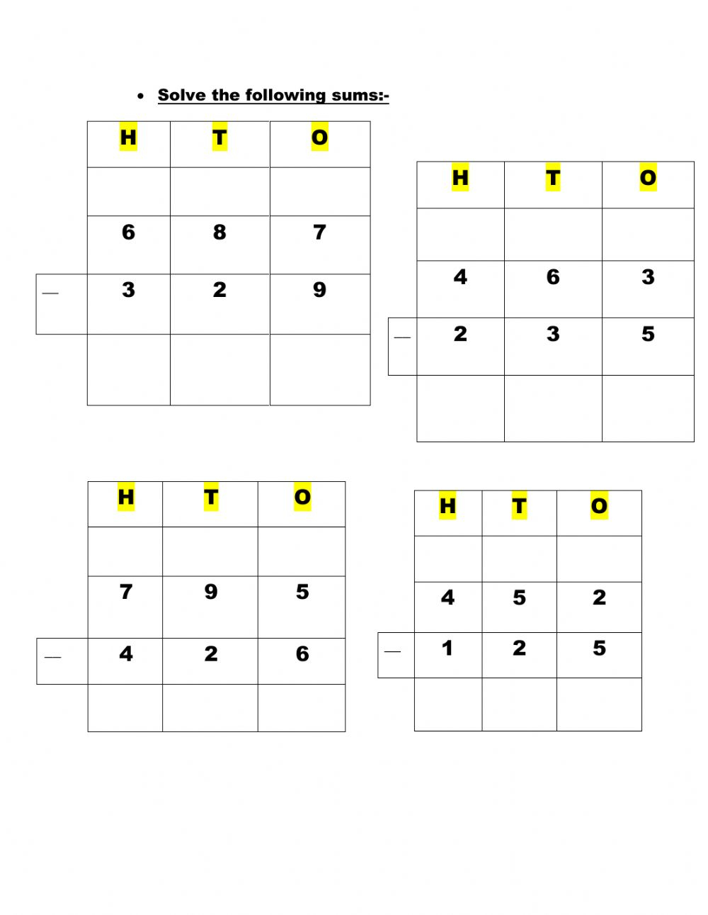 3 Digit Subtraction Sums With Borrowing Worksheet