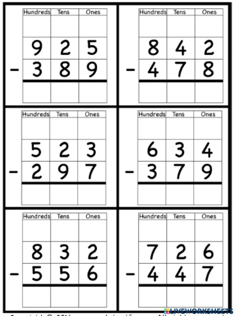 3 Digit Subtraction With Borrowing Worksheet