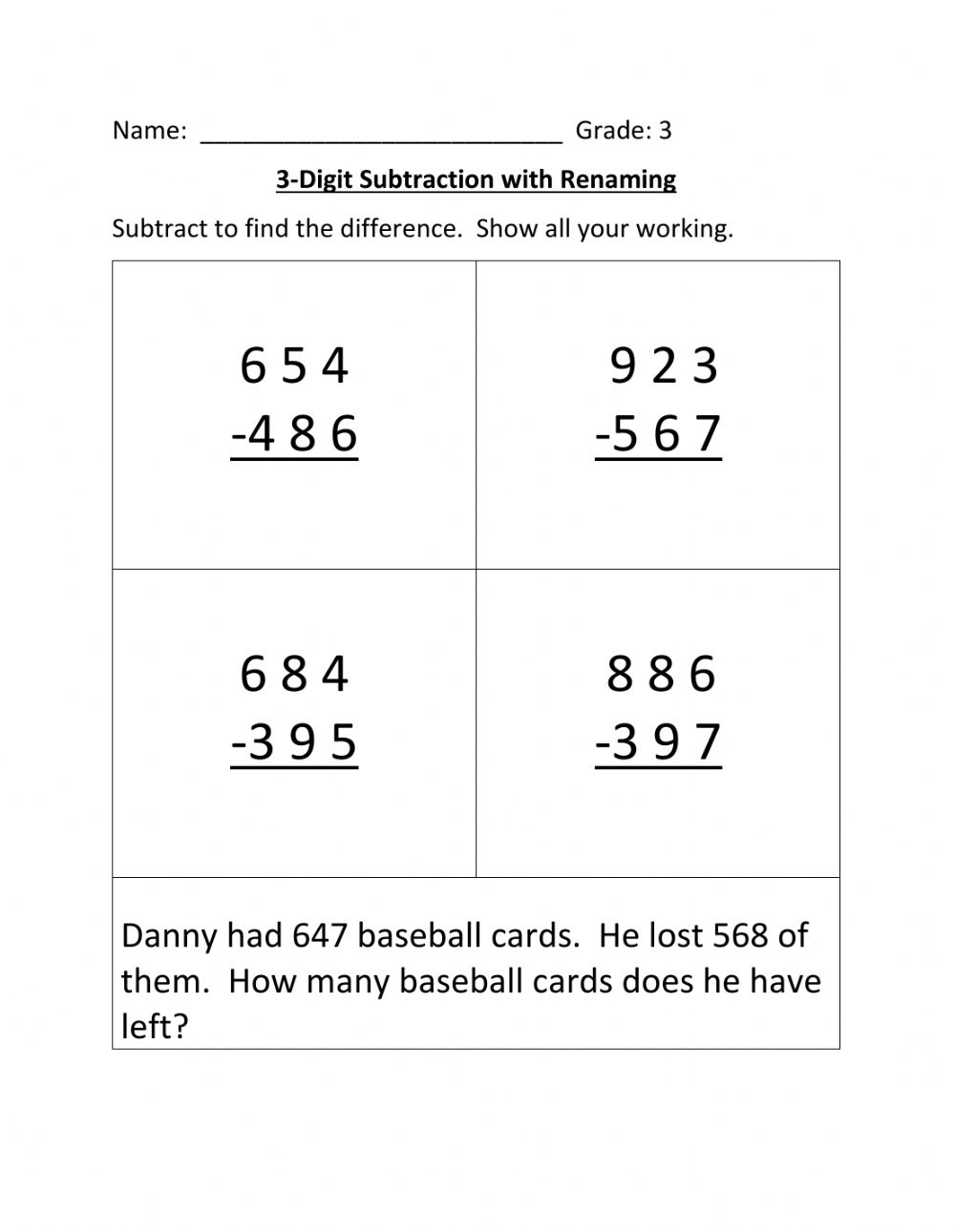 3 Digit Subtraction With Renaming Worksheet