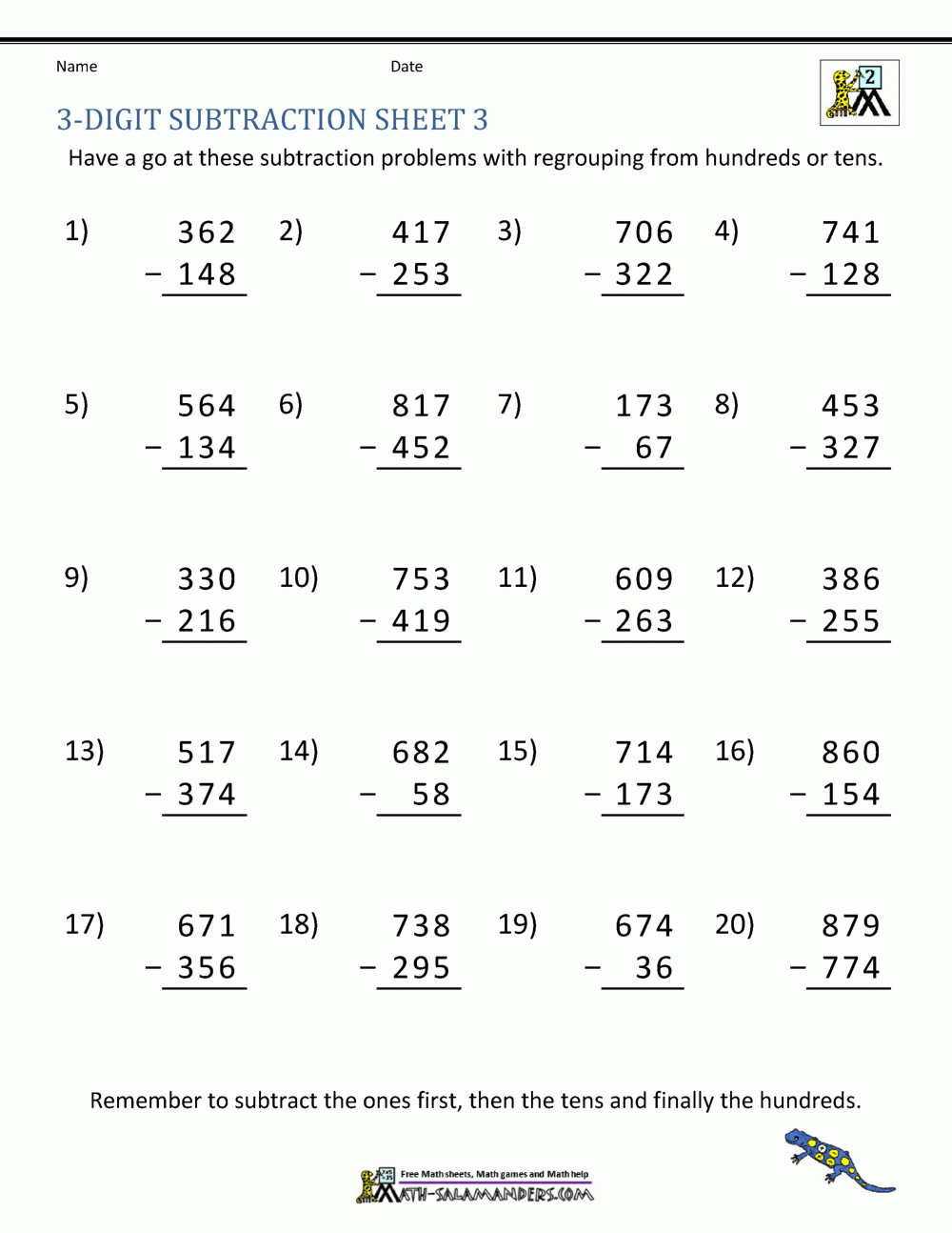 3 Digit Subtraction Worksheets