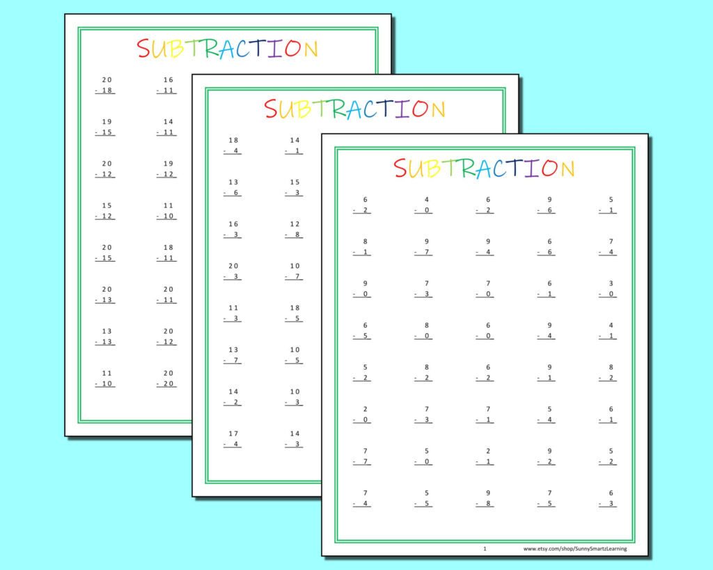 30 Subtraction Worksheets With Numbers 0 20 PreK Etsy