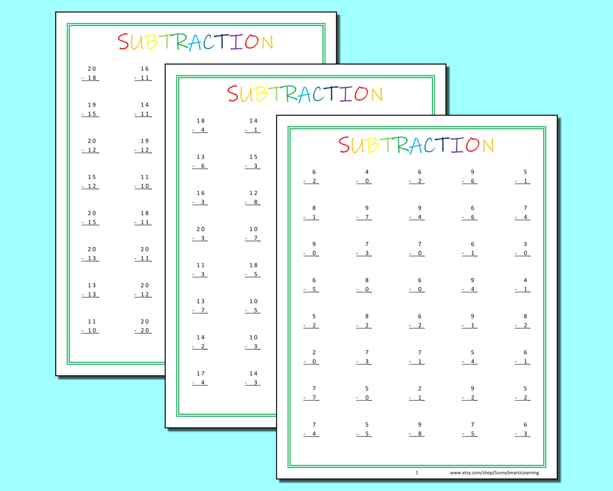 30 Subtraction Worksheets With Numbers 0 20 PreK Etsy