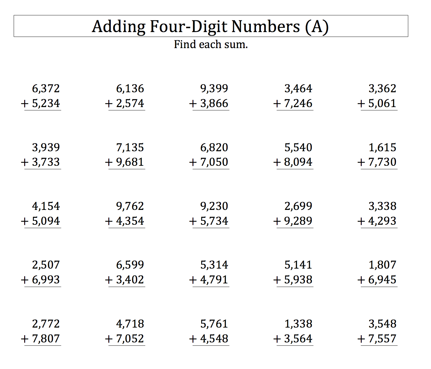 4 Digit Addition Without Regrouping Worksheets