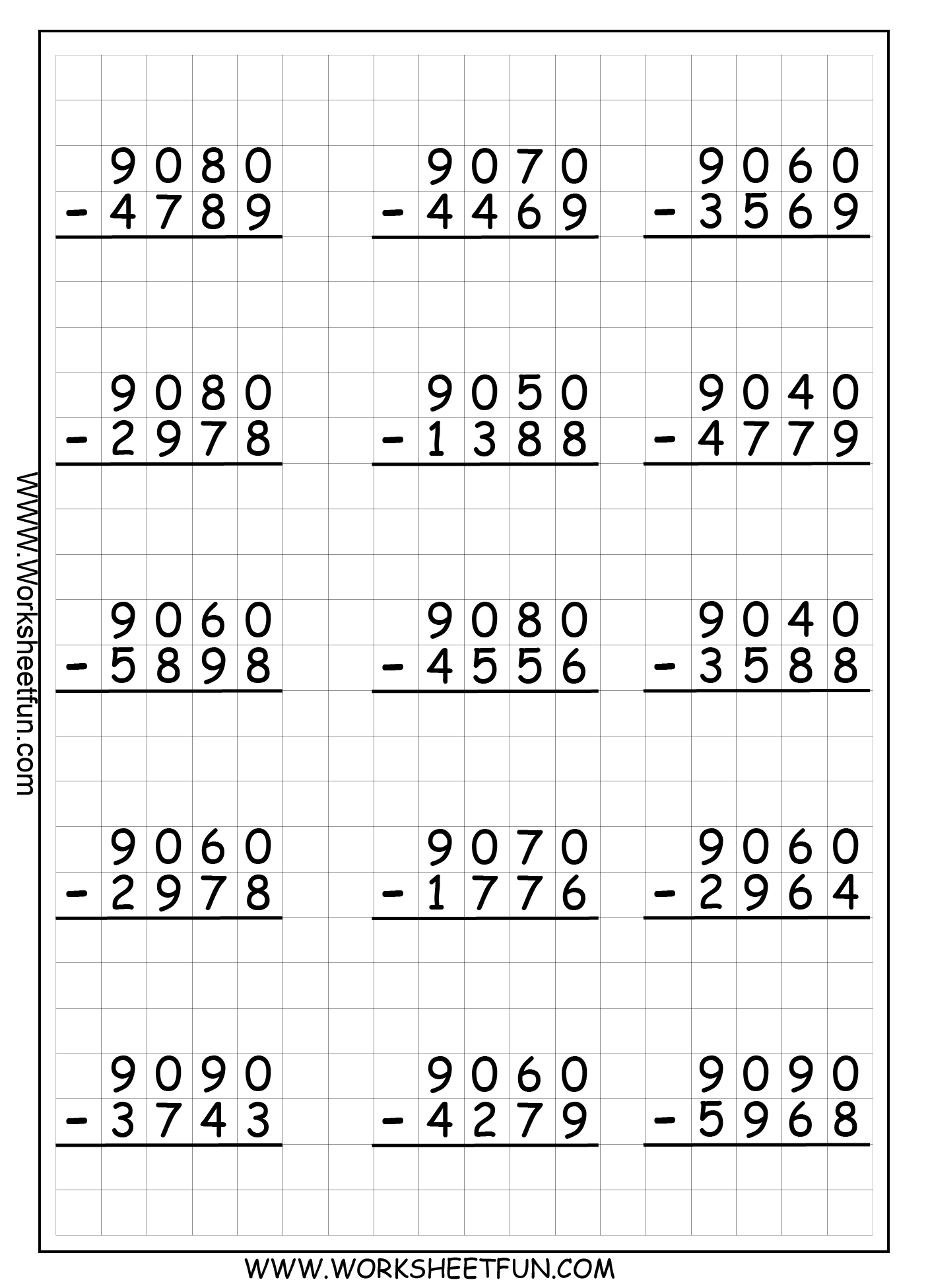 4 Digit Subtraction With Regrouping Borrowing 9 Worksheets Math 