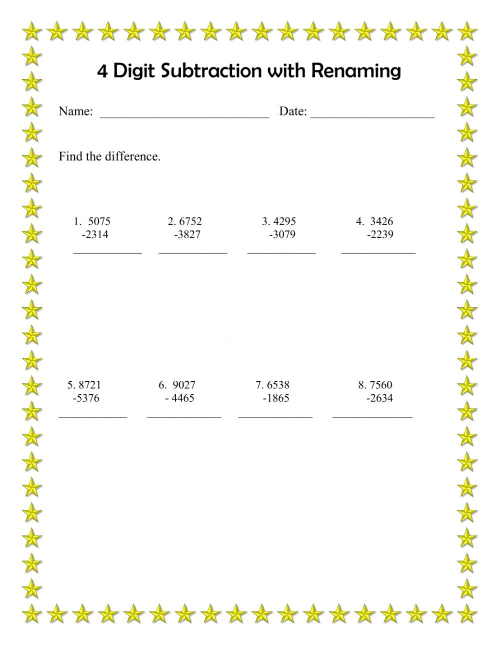 4 Digit Subtraction With Renaming Worksheet