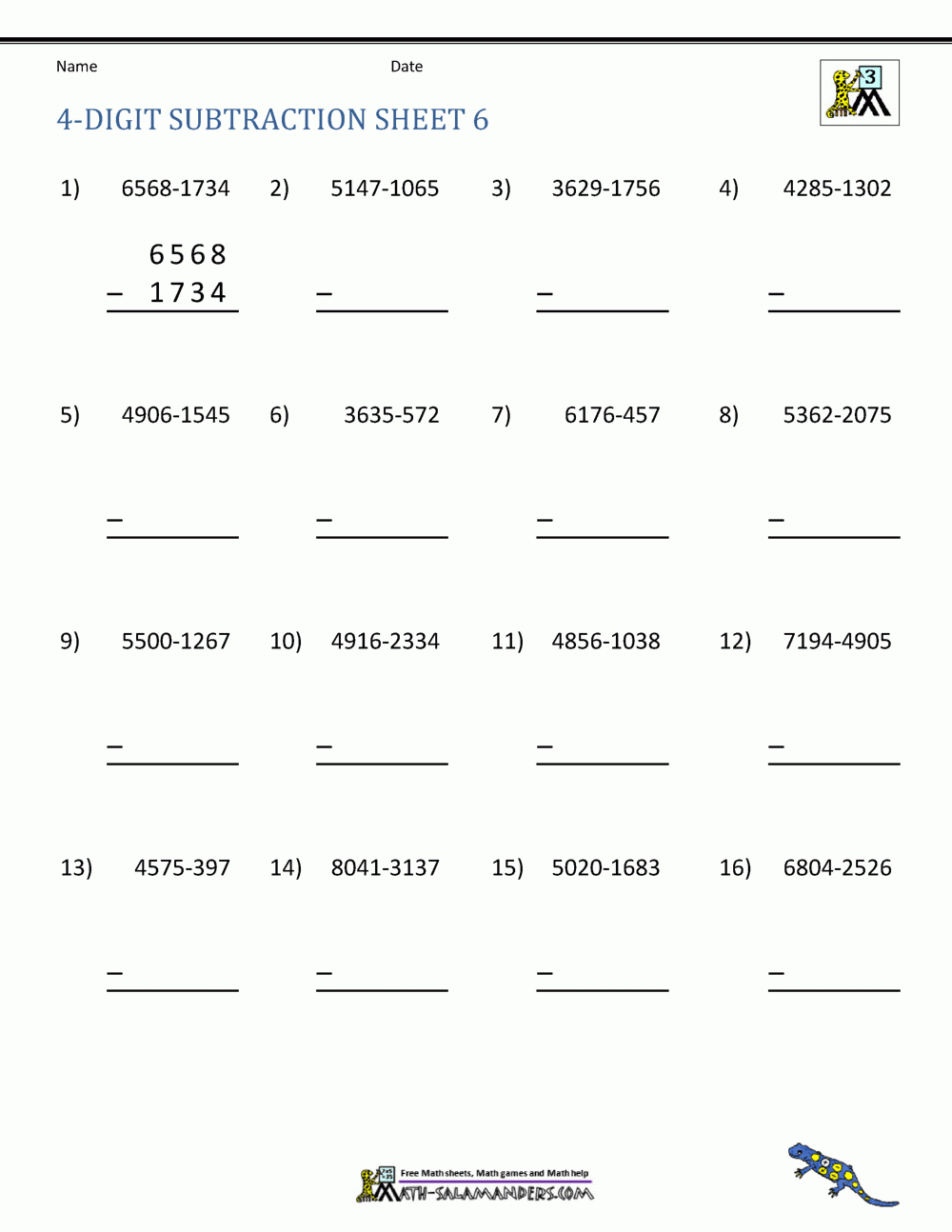 4 Digit Subtraction Worksheets