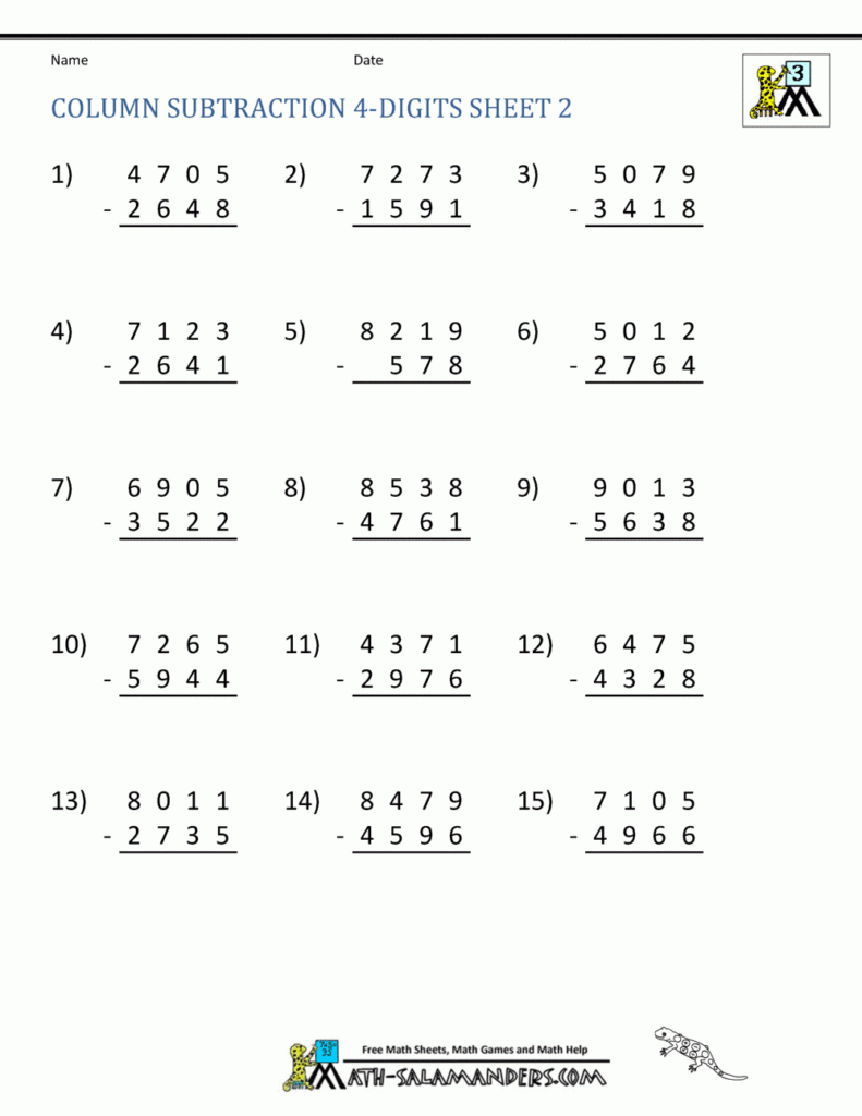 4 Digit Subtraction Worksheets