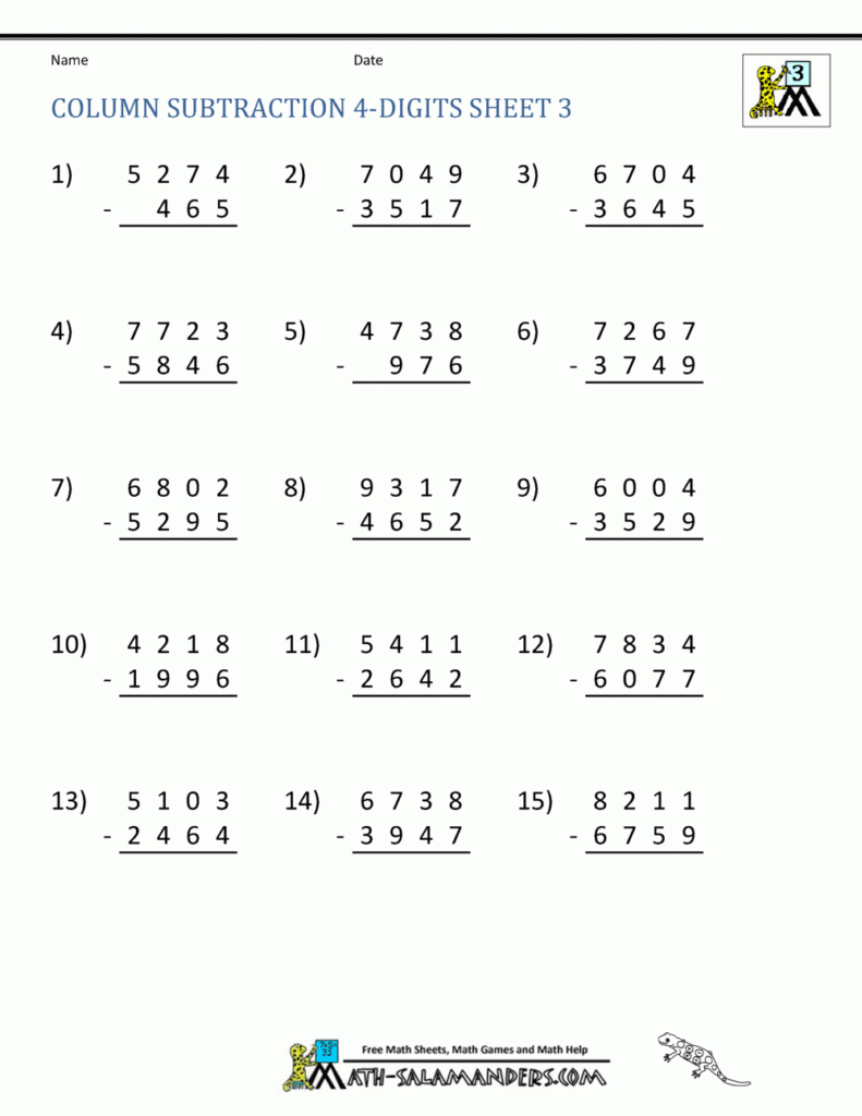 4 Digit Subtraction Worksheets