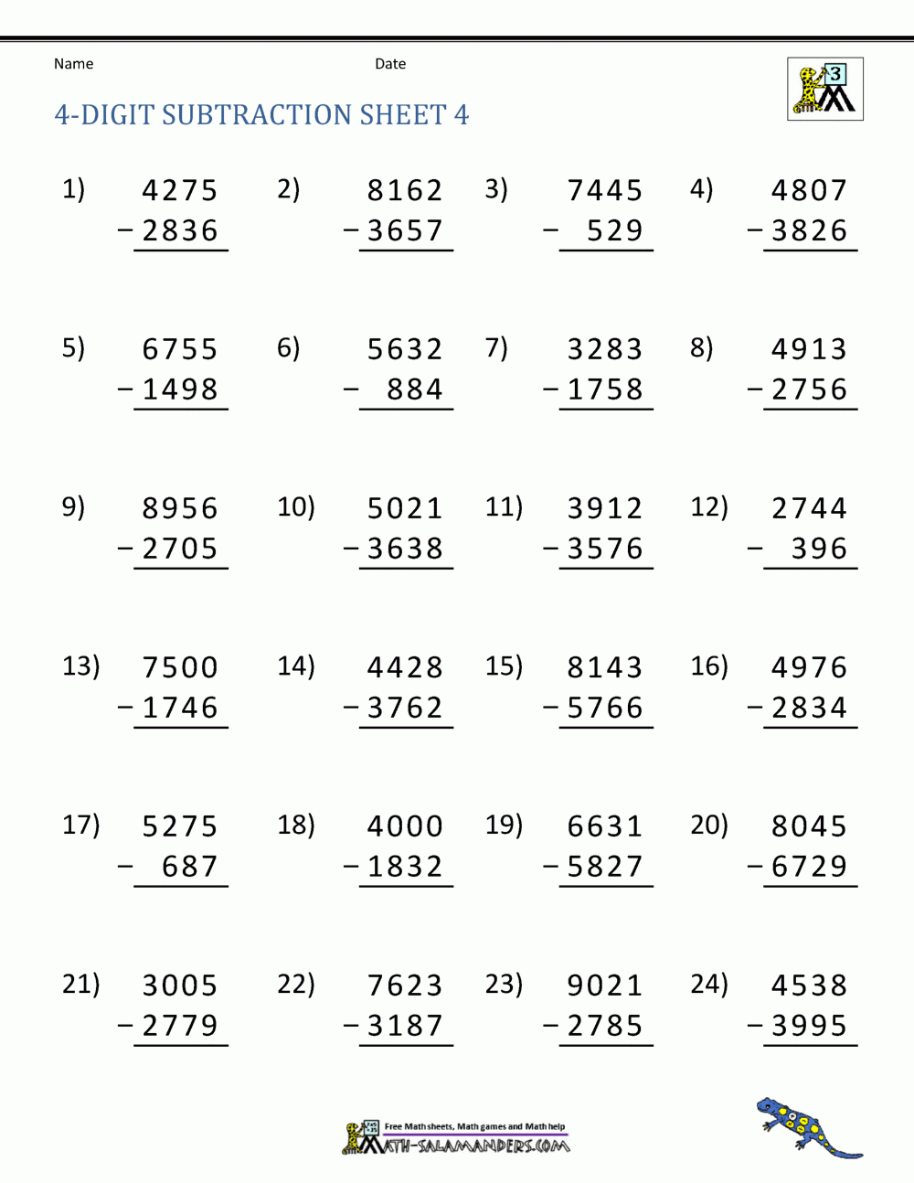 4 Digit Subtraction Worksheets