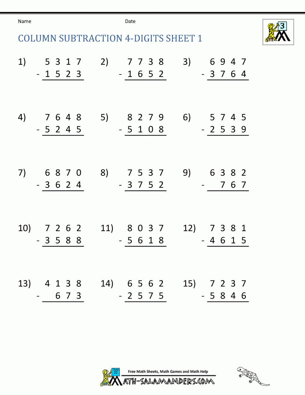 4 Digit Subtraction Worksheets