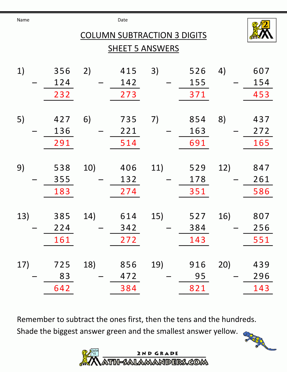 4 Digit Subtraction Worksheets 3 Digit Subtraction Worksheets