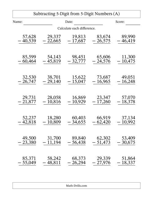 5 Digit Minus 5 Digit Subtraction With Comma Separated Thousands A 