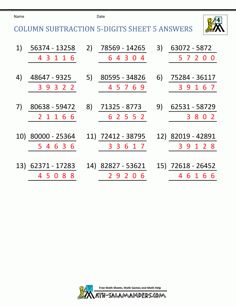 5 Digit Subtraction Worksheets