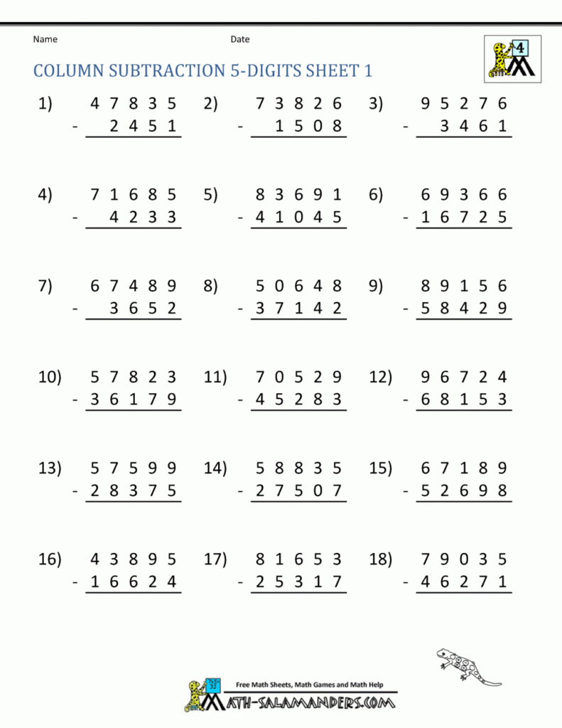 5 Digit Subtraction Worksheets