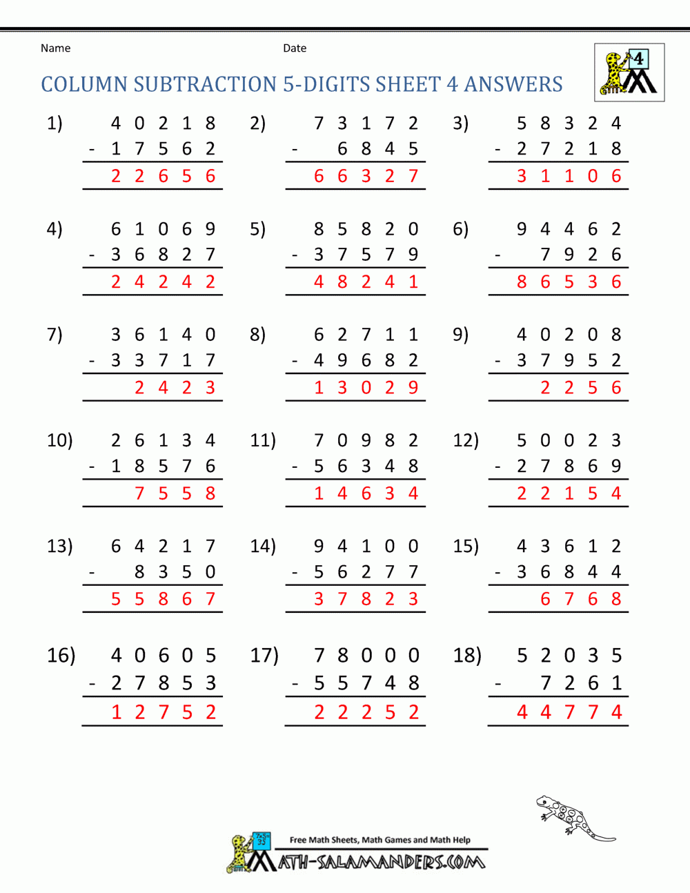 5 Digit Subtraction Worksheets