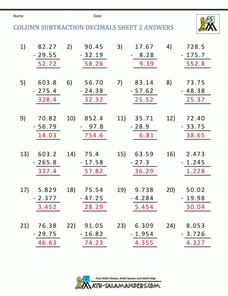 5th Grade Math Practice Subtracing Decimals