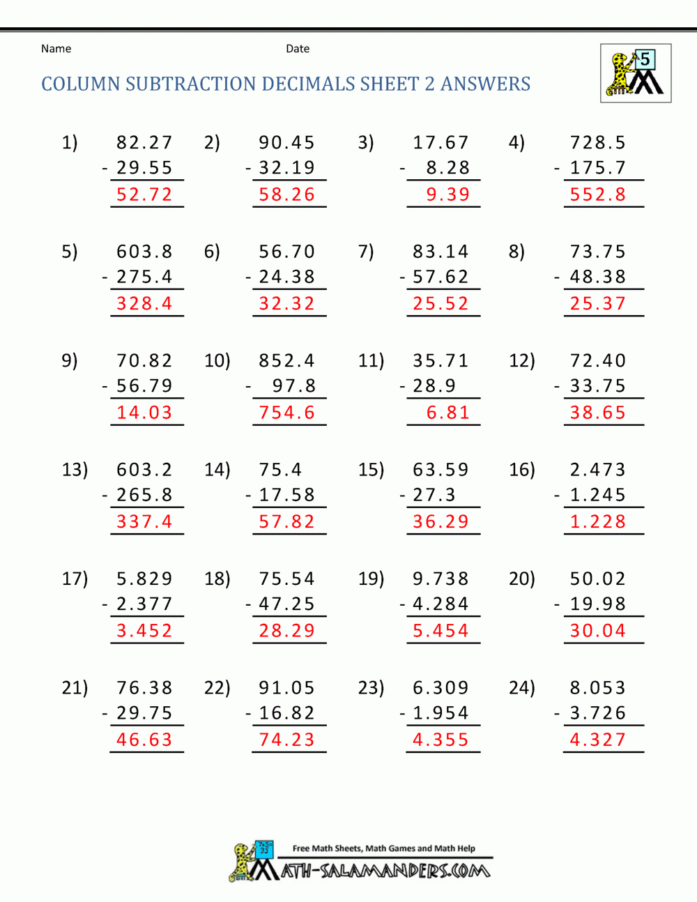 5th Grade Math Practice Subtracing Decimals