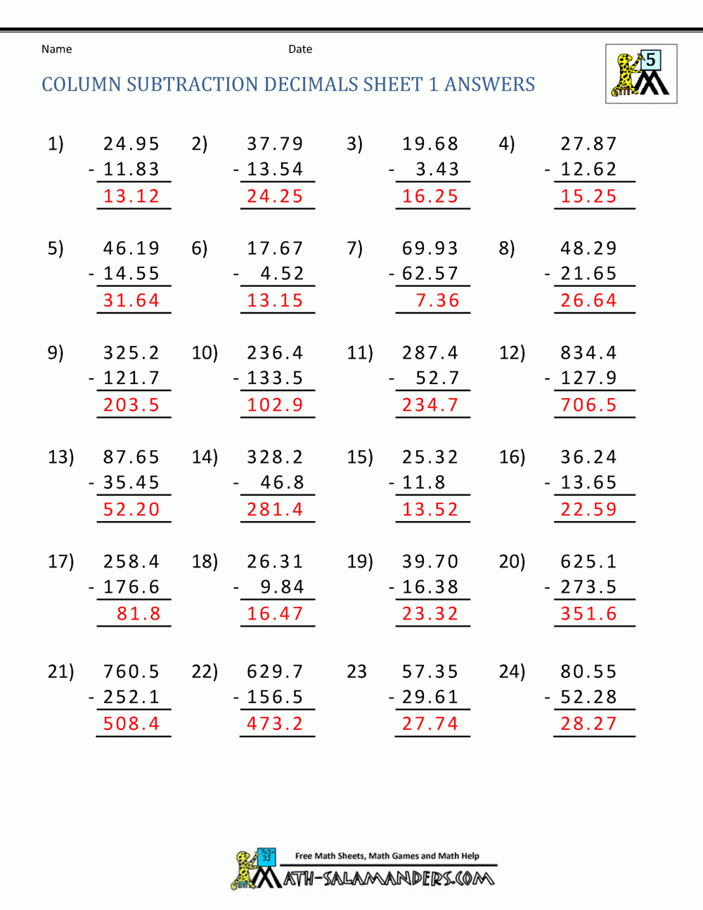 5th Grade Math Practice Subtracing Decimals