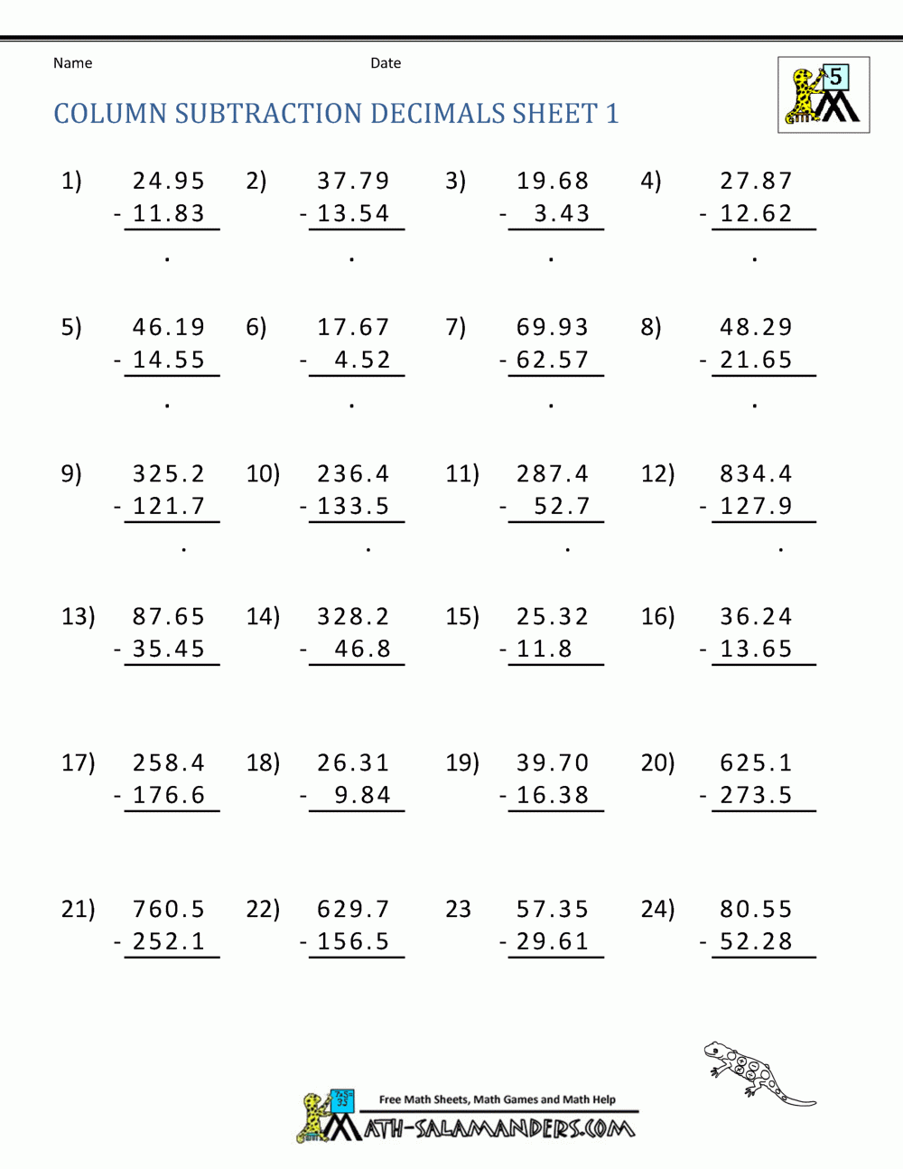 5th Grade Math Practice Subtracing Decimals