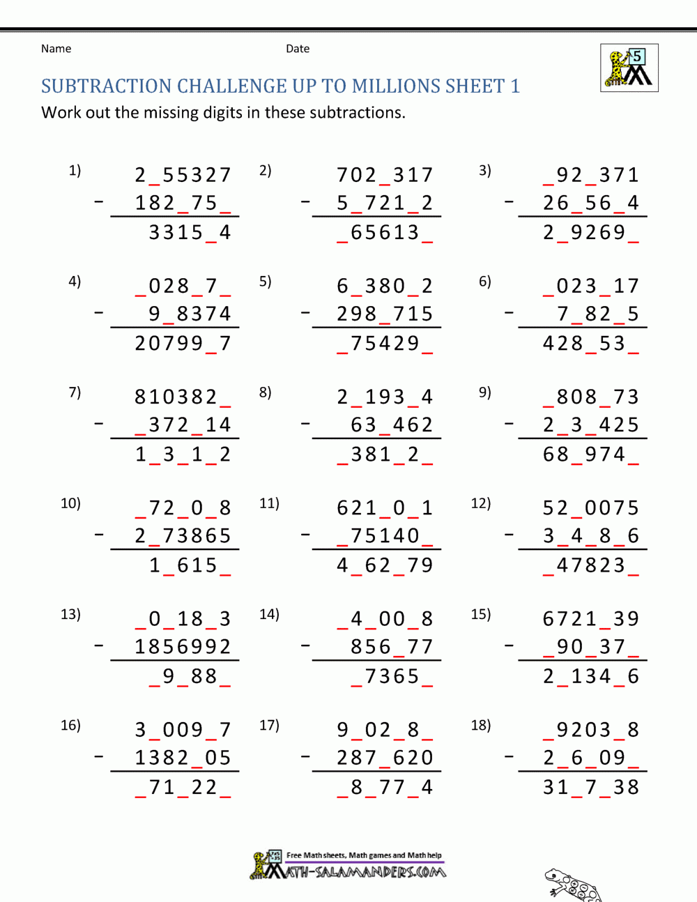 5th Grade Subtraction Worksheets