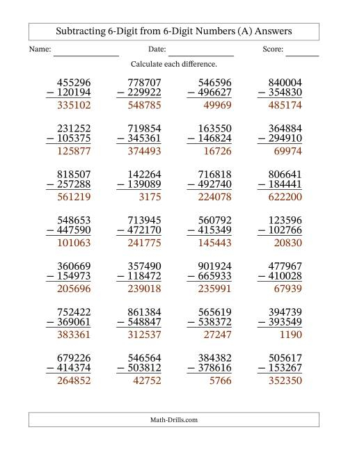 6 Digit Minus 6 Digit Subtraction A 