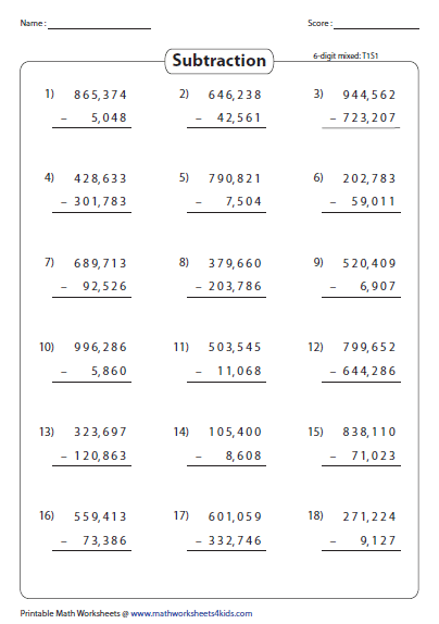 6 Digit Subtraction Worksheets