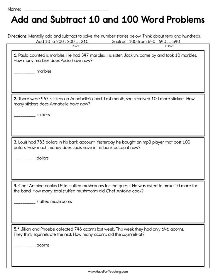 Add And Subtract 10 And 100 Word Problems Worksheet In 2020 Word