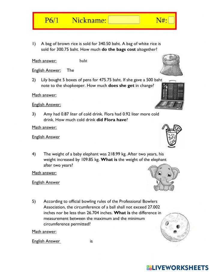 Add And Subtract Decimals Word Problems Fifth Grade Math Worksheets 