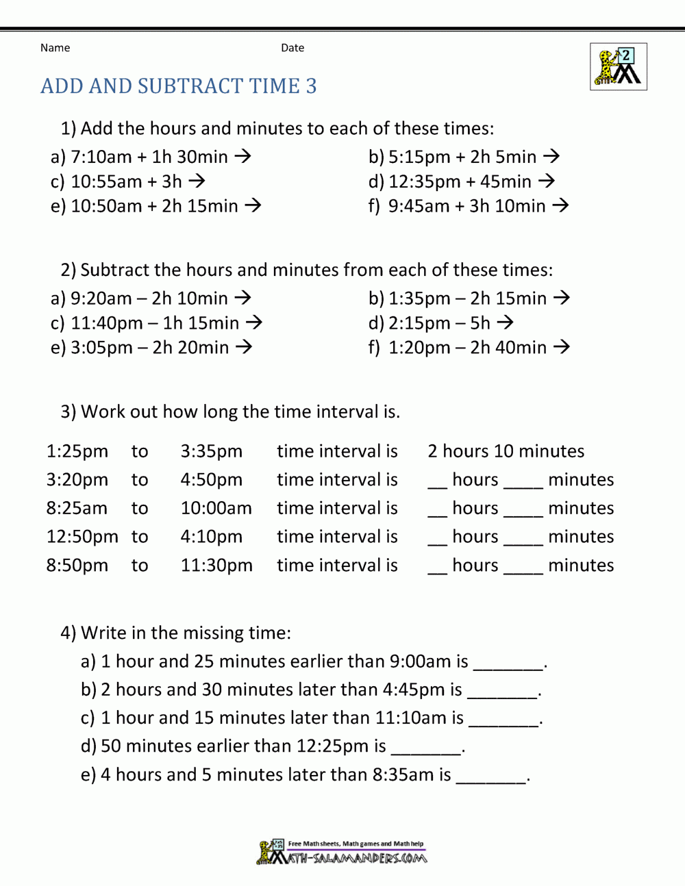 Add And Subtract Time Worksheets