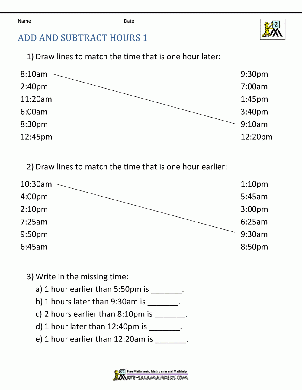 Add And Subtract Time Worksheets