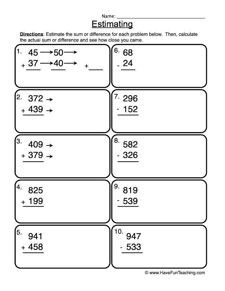 Add Subtract Estimation Worksheet Have Fun Teaching
