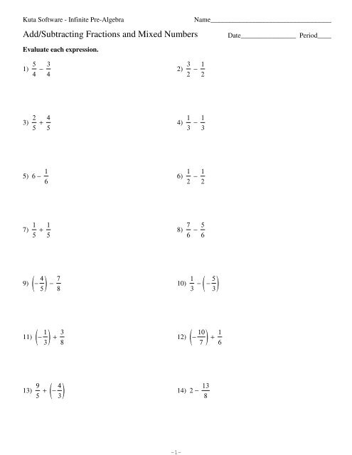 Add Subtracting Fractions And Mixed Numbers Kuta Software