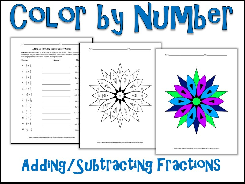 Adding And Subtracting Fractions Color By Number Teaching Resources