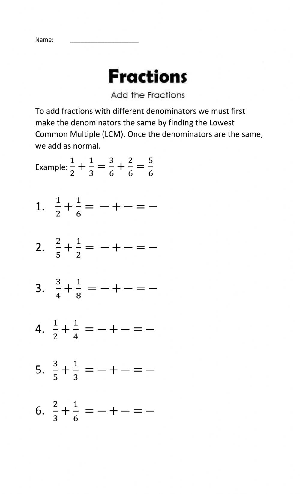 Adding And Subtracting Fractions With Unlike Denominators Worksheet