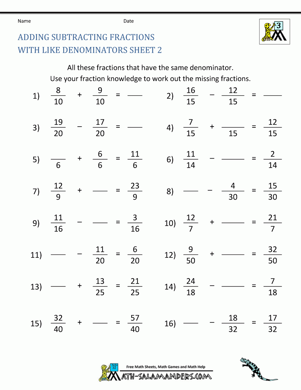 Adding And Subtracting Fractions With Unlike Denominators Worksheets 