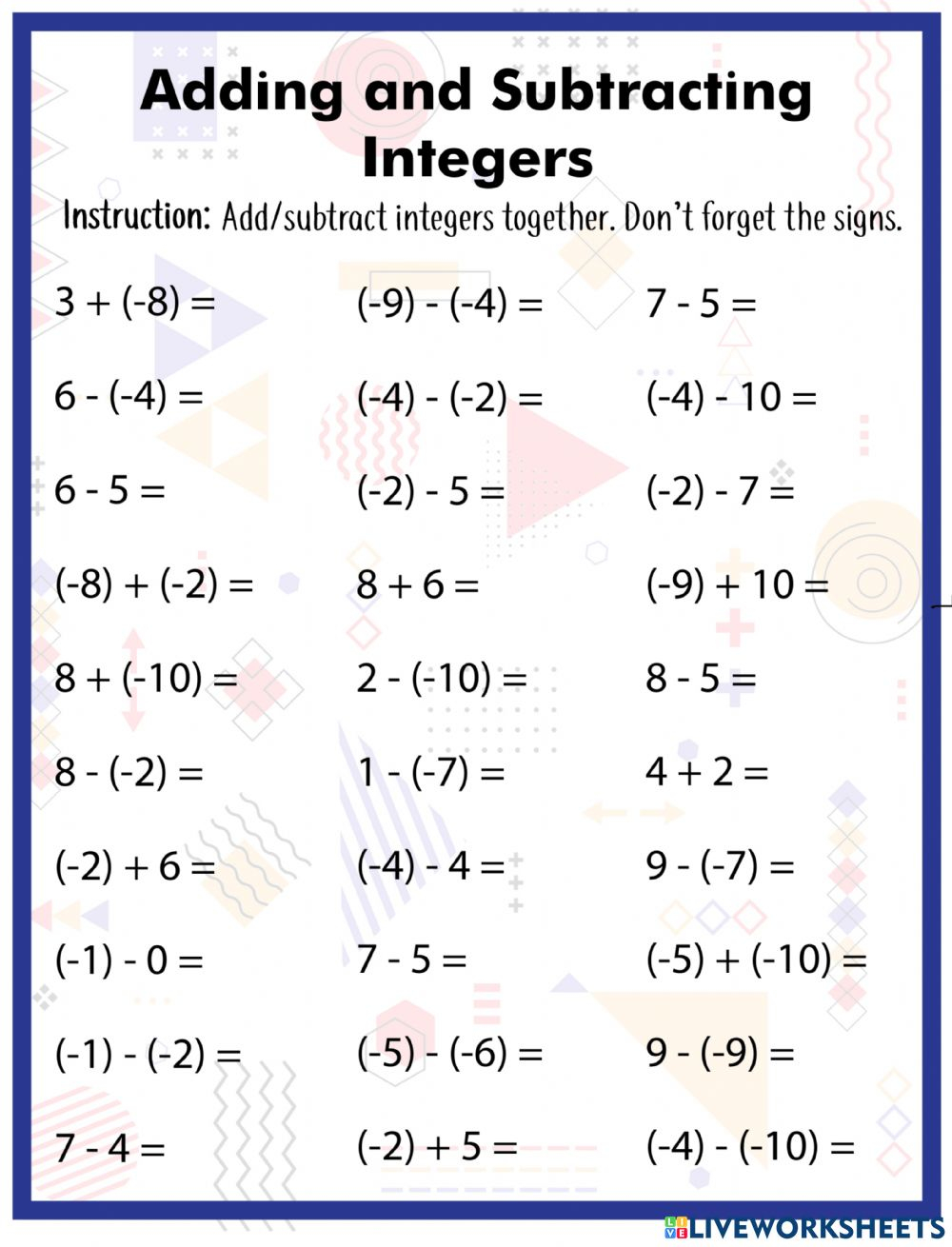 Adding And Subtracting Integers Worksheet For 3